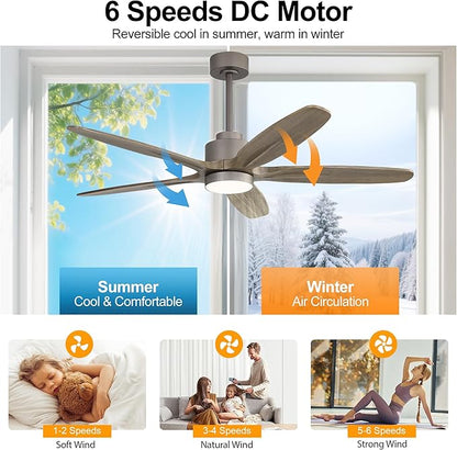 WINGBO 54" Ceiling Fan with Light - 5 Carved Solid Wood Blades, 6-Speed Reversible DC Motor, Dimmable, 3CCT, Noiseless Remote Control Ceiling Fans with Lights for Bedroom Living Room, Charcoal Gray