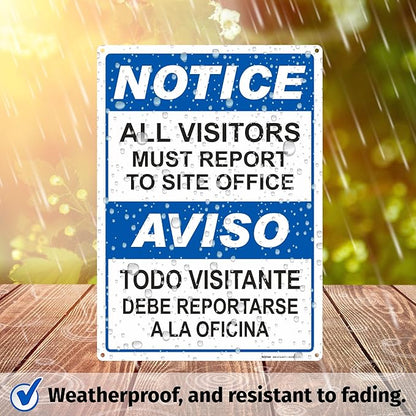 Brimar - 10" x 14" - Bilingual All Visitors Report Site Office Sign - .055″ Polyethylene Plastic - Bold Text And Symbol - Easy Installation