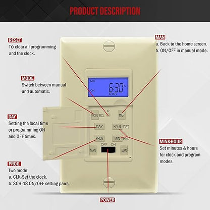 Enerlites 7 Days Digital in-Wall Programmable Timer Switch for Lights, Fans, and Motors, Single Pole, Neutral Wire Required, 7-Day 18 ON/Off Timer Settings, with Blue Backlight, HET01, Ivory