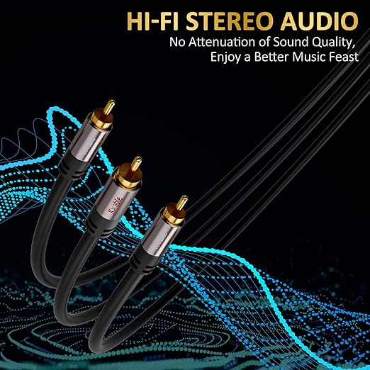 Kxable RCA Y-Adapter Splitter Cable 15 Feet, 1 RCA Male to 2 RCA Male Stereo Audio Subwoofer Cable, Bi-Directional, for Home Theater, Hi-Fi System, Amplifier, Speaker, 24K Gold Plated, OD:5.0MM