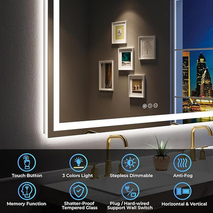 YEELAIT 55x30 Inch LED Bathroom Mirror with Lights Front and Backlit Lighted Vanity Mirror for Bathroom Wall with 3 Colors Dimmable Anti-Fog Memory Shatter-Proof IP54 Waterproof Horizontal/Vertical