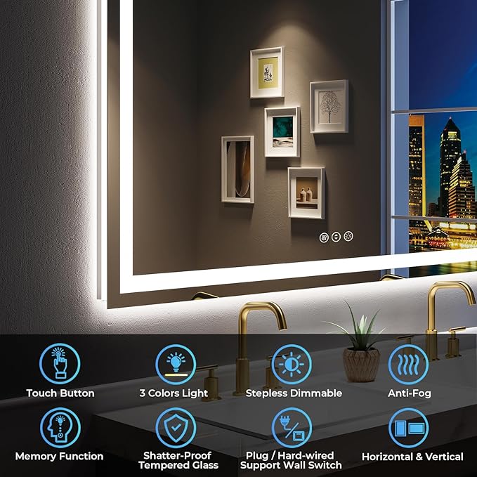 YEELAIT 60x40 Inch LED Bathroom Mirror with Lights Front and Backlit Lighted Vanity Mirror for Bathroom Wall with 3 Colors Dimmable Anti-Fog Memory Shatter-Proof IP54 Waterproof Horizontal/Vertical