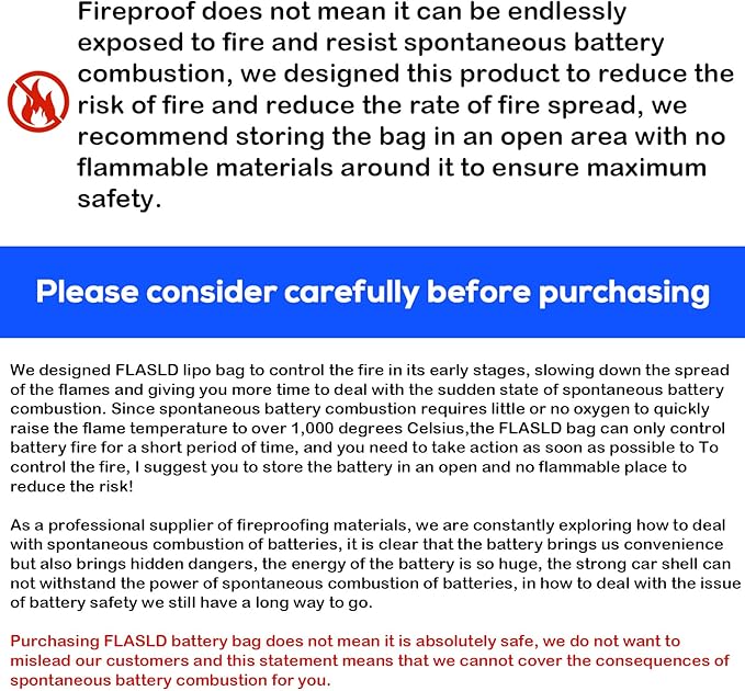 FLASLD Large Fireproof Lipo Bag for 200Ah Lithium Battery Storage and Charging, 22 x 9 x 9.5in E-bike Battery Bag Waterproof Box for Documents and Valuables