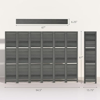 HOMCOM Room Divider, 6 Panel 67" Tall Wood Privacy Screen with 3 Display Shelves, and Folding Storage for Bedroom or Home Office, Gray