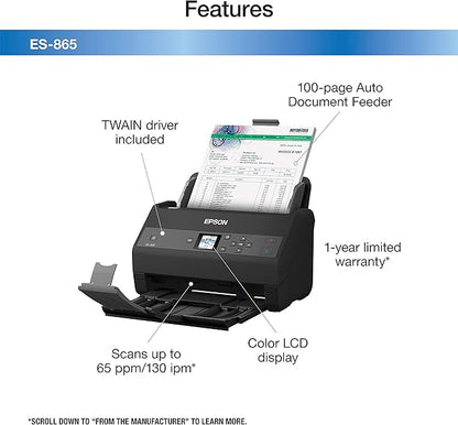 Epson Workforce ES-865 High Speed Color Duplex Document Scanner with Twain Driver