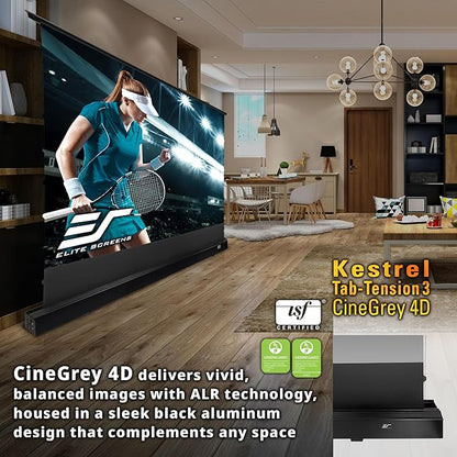 Elite Screens Kestrel Tab-Tension Pro CineGrey 4D, 135" Diag., 16:9 Aspect Ratio, ISF Certified 4K/8K Ultra HD Electric Floor-Rising Motorized Tab-Tensioned Front Projector Screen, FTE135H3-C4D
