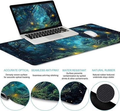 LIMKRIAN Ergonomic Mouse Pad Set Large Desk Matt for Desktop, Gaming Mouse Pad Wrist Rest Keyboard Mat Cup Coaster Set Cute Office Desk Decor Accessories for Women, Firefly Forest