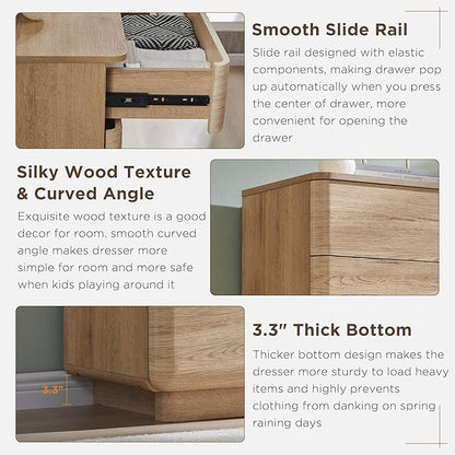 JXQTLINGMU 9 Drawer Dresser for Bedroom, 52" Wide Modern Wood Dressers with Push-to-Open Drawers for Closet Storage, Chest of Drawers TV Stand for Living Room & Hallway, Curved Profile, Natural