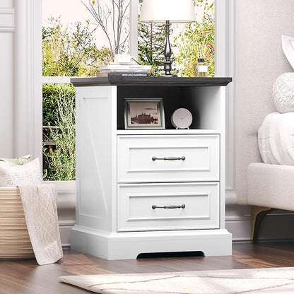 Nightstand with Charging Station Set of 2,18" Wide End Table with 2 Drawers & Metal Handles,Rustic Farmhouse Wood Small Dresser,Bedside Table,Modern Chest of Drawers for Bedroom,Living Room, Off White