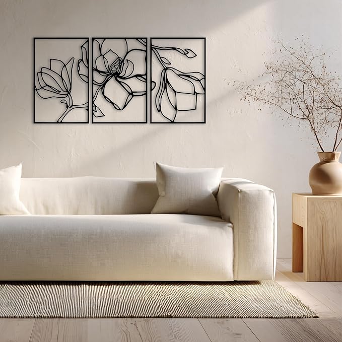 Wita Home Poppy Flower Metal Wall Art, 3-Panel Botanical Line Design, Modern Floral Wall Decor for Living Room, Bedroom, Office, Indoor & Outdoor Display (40×20 inches)