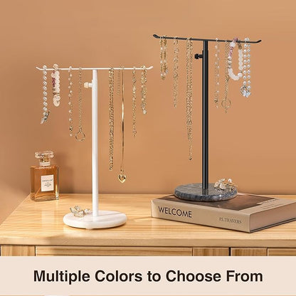 Josmimic White Necklace Holder Jewelry Organizer Stand – Adjustable Height T‑Bar Jewelry Display with White Marble Base, Necklace & Bracelet Holder, Countertop Jewelry Tree