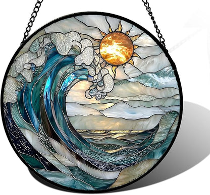 DASTOLL Stained Glass Window Hanging, Blue and White Waves Suncatcher Diamond Glass Panel Landscape Sun Catchers Decor for Birthday for Women, Men, Wife, Aunt, and Mom 9.8 in