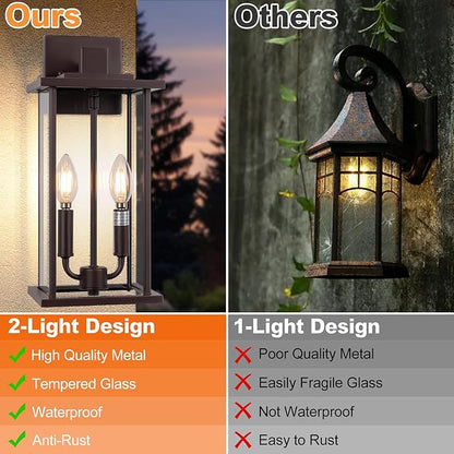 SIAFAVOI 2-Pack 16" Large Outdoor Wall Light Fixtures, 2-Light Exterior Front Porch Light, Brushed Outdoor Sconce Lights, Waterproof Farmhouse Lamp Lighting (Bronze, 16in No Sensor)