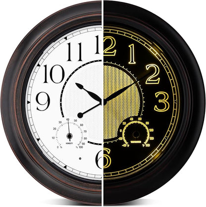 Koosome Outdoor Clocks Waterproof 18 Inch, Large Wall Clock with Thermometer & Hygrometer, Illuminated Battery Operated Clock with Smart Sensor for Patio, Pool, Garden, Porch, Living Room