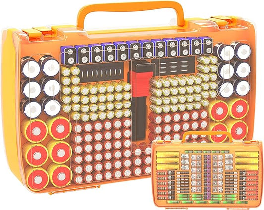 Aptbyte Battery Organizer Storage Holder Box Case with Tester- 269 Batteries Double-Sided Variety Pack, Holds AA AAA 4A C D Cell 9V 3V Lithium LR44 CR2 CR123 CR1632 18650 Button- Yellow (Box Only)