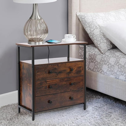 Edbuosy 3 Wooden Drawers Night Stand, 27 Inch Wide Nightstand with Charging Station and Adjustable Drawers, Small Dresser for Closet, Bedside Table for Living Room/Bedroom/Office, Retro Brown.