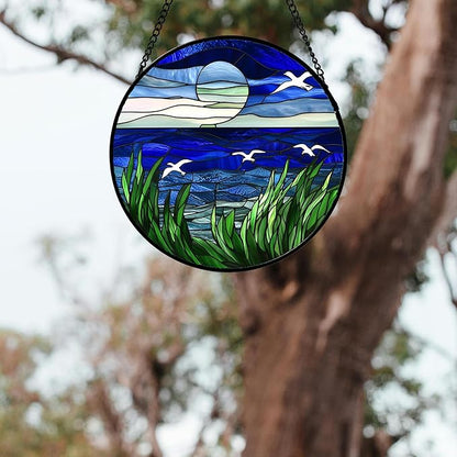 AMDERVEN Stained Glass Window Hanging 4 Pcs Set Navy Blue Ocean Landscape 9.8" - Suncatcher Door Garden Sun Catcher Decor Birthday Mother's Day for Mom Woman Nana Girl Boy Friend