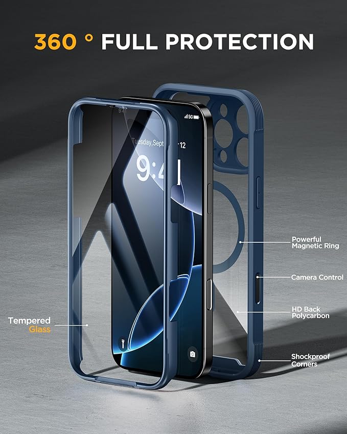 Miracase for iPhone 16 Pro Max Case 6.9'', [Bubble Free] Full-Body Bumper Phone case with Built-in Full Glass Screen &Lens Protector,Compatible with MagSafe,Drop Proof 16 Pro Max Cover,Blue
