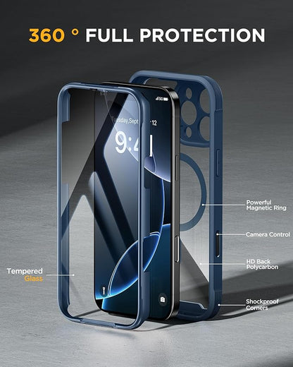 Miracase for iPhone 16 Pro Max Case 6.9'', [Bubble Free] Full-Body Bumper Phone case with Built-in Full Glass Screen &Lens Protector,Compatible with MagSafe,Drop Proof 16 Pro Max Cover,Blue