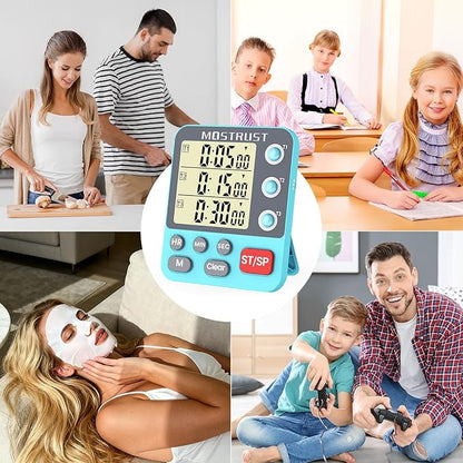 MOSTRUST Digital Dual Kitchen Timer, 3 Channels Countdown Triple Timer for Cooking, Magnetic Memory-Preset Large-Display Adjustable Alarm Volume, Multi Times Management, 3A Battery Included, Blue