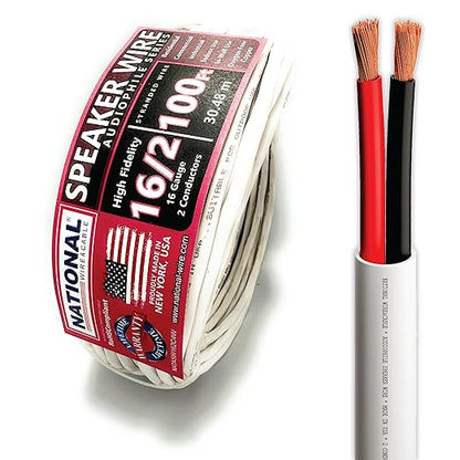 NATIONAL Wire&Cable - 16/2 Audiophile Speaker Wire (100 Feet) 16AWG Gauge - Made in USA - in Wall Audio Speaker Wire Cable/CL Rated/ETL Listed / 2 Conductors - OFC Oxygen-Free Copper, White 100ft
