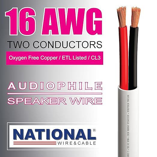 NATIONAL Wire&Cable - 16/2 Audiophile Speaker Wire (25 Feet) 16AWG Gauge - Made in USA - in Wall Audio Speaker Wire Cable/CL Rated/ETL Listed / 2 Conductors - OFC Oxygen-Free Copper, White 25ft