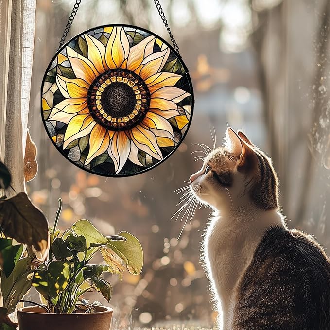 CRISGIF Stained Glass Window Hanging - Sunflower Suncatcher for Door Garden Patio Retro Flower Sun Catchers Decor Christmas Mother's Day Birthday Gifts for Women Mom Nana Friend Wife 11.8 in