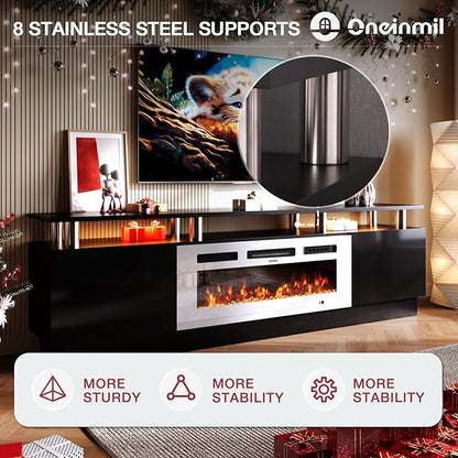 oneinmil Fireplace TV Stand with 36” Electric Fireplace, 80” 2 Tier TV Console Stand for TVs Up to 90", LED Light Entertainment Center, Fireplace for The Living Room TV Stand, Black