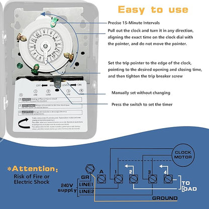 T104 Electromechanical Timer Switch,40A Load Capacity,1-12 Cycles Per Day - Manual Override,Versatile Scheduling