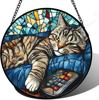 DASTOLL Stained Glass Window Hanging Gray Cat and Remote Control Large 11.8" - Suncatcher Door Garden Kitchen Sun Catcher Home Decor Birthday for Lost Pets Mom Men Woman Friend Grandma