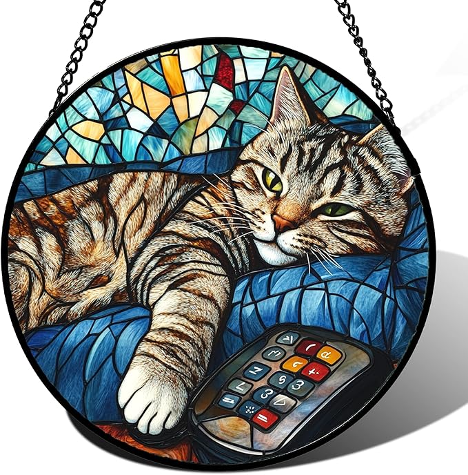 DASTOLL Stained Glass Window Hanging Gray Cat and Remote Control 7.8" - Suncatcher Door Garden Kitchen Sun Catcher Home Decor Birthday for Lost Pets Mom Men Woman Friend Grandma