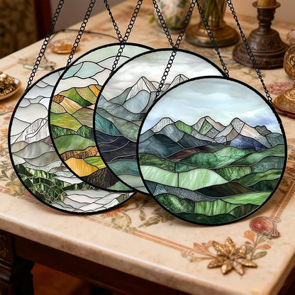 AMDERVEN Stained Glass Window Hanging 4 Pcs Set Mountain River Landscape 6.3" - Suncatcher Door Garden Sun Catcher Decor Birthday Mother's Day for Mom Woman Nana Girl Boy Friend