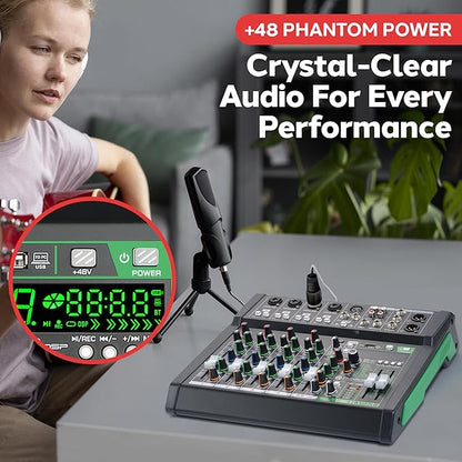 Pyle 8-Channel Audio Mixer, Bluetooth Studio Mixer/DJ Controller with Digital Effects, USB Interface, MP3 Compatible, XLR Inputs and LED Display, Audio Mixing Sound board System 10”x11”x3” inches