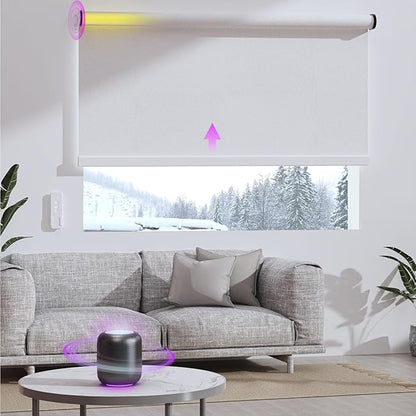 Astomi Motorized Roller Shades for Windows, Blackout Smart Blinds for Indoor, Effortless Remote & Voice Control, Compatible with Alexa, Google Home, Custom Size，Fabric-Pure White