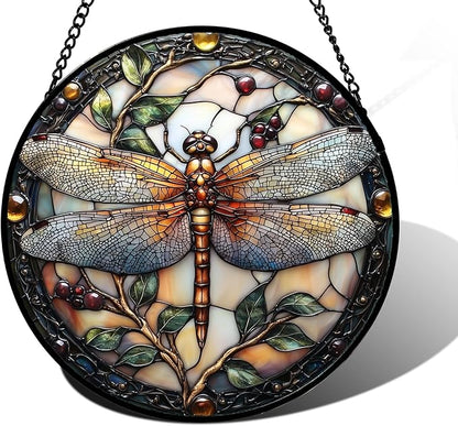 DASTOLL Stained Glass Window Hanging - Dragonfly Plant Suncatcher Ready to Hang Window Doors Home Decoration, Christmas, Mother's Day Birthday Gifts for Women, Men, and Mom11.8x11.8 in