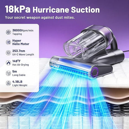 LED Display Mattress Vacuum Cleaner, 18Kpa Bed Vacuum Cleaner with 253.7nm UV-C Light, HEPA Filter & Ultrasoni, 149℉ Heat, Triple-Cup Versatile Handheld Vacuums for Bed Sofa Carpets Pet Hair Fine Dust