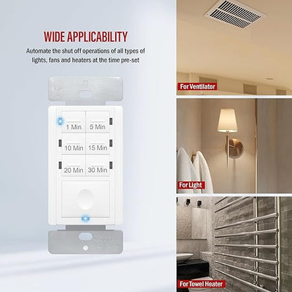 Enerlites Bathroom Timer Countdown Switch, HET06A-R | in-Wall Electrical Timer for Fans, Electrical Outlets, Indoor and Outdoor Lights,with On/Off Switch | White (Pack of 40)