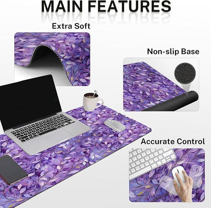Britimes Purple Oil Painting Leaves Keyboard Mouse Pad Set Plant 4in1 Large Mousepad+Keyboard Wrist Rest+Mouse Wrist Rest+Coaster Ergonomic Design for Home Office Computer 35.4x15.7 inches
