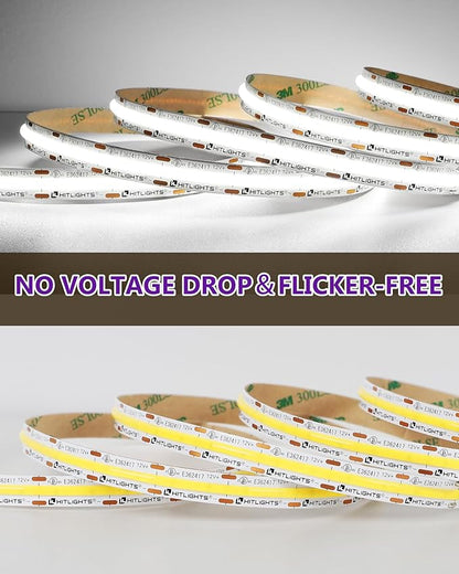 HitLights White COB LED Strip Lights 5000K, 12V Tape Light 16.4ft, 2640 LEDs, 426 lm/ft, CRI 90+, IP30, Premium High Density Lighting for Kitchen, Cabinets, Room, UL Listed(Power Source Not Included)