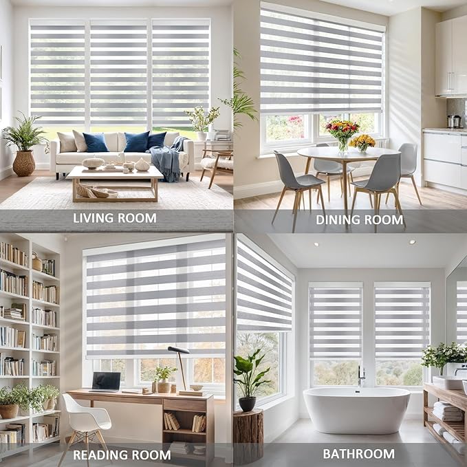 COOLWINDS Motorized Zebra Blinds for Windows Cordless Electric Curtains with Remote Control Blackout Shades Custom Smart Blinds Compatible with Alexa Google Home(Light Filtering Grey,W48 X 72in)