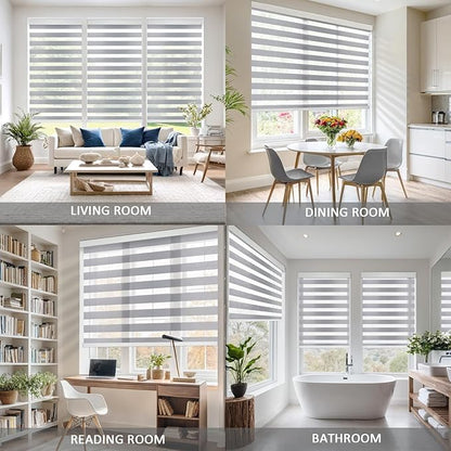 COOLWINDS Motorized Zebra Blinds for Windows Cordless Electric Curtains with Remote Control Blackout Shades Custom Smart Blinds Compatible with Alexa Google Home(Light Filtering Grey,W25 X 72in)