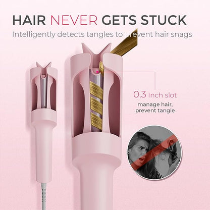 TYMO Automatic Rotating Curling Iron - TYMO CURLPRO Beach Waves Curling Wand, Portable Hair Curler, 500 Million Ionic, Dual Voltage & Lightweight for Travel, Ceramic Coating, 1 Inch, Pink