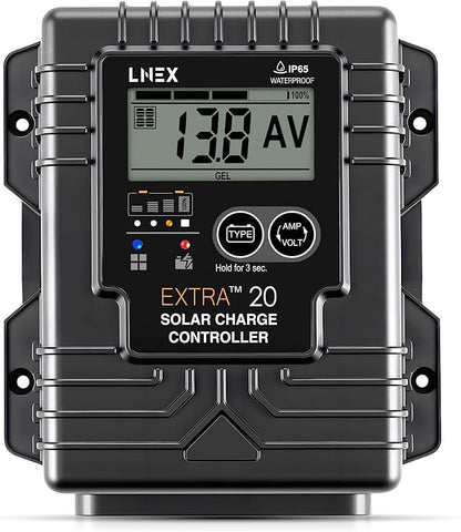 LNEX Solar Charge Controller Waterproof, 20A Solar Panel Regulator with Temp Sensor,Backlit LCD, 12V/24V PWM Solar Controller for LiFePO4,AGM, Gel, Flooded and Lithium Battery