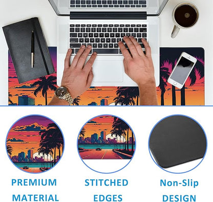 EOBKLAX Mouse Pad,Orange Purple Miami Landscape Desk Mat for Desktop,Desk Pad with Non-Slip Base and Stitched Edge,Extended Mousepad for Office and Home 35.4X15.7 Inch