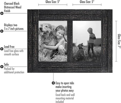 Americanflat Hinged 5x7 Double Picture Frame with 2 Photo Openings and Polished Glass - Distressed Wood Collage Picture Frames for Tabletop and Wall Display - Hampton Collection - Charcoal Black