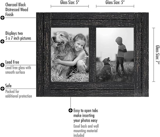 Americanflat Hinged 5x7 Double Picture Frame with 2 Photo Openings and Polished Glass - Distressed Wood Collage Picture Frames for Tabletop and Wall Display - Hampton Collection - Charcoal Black