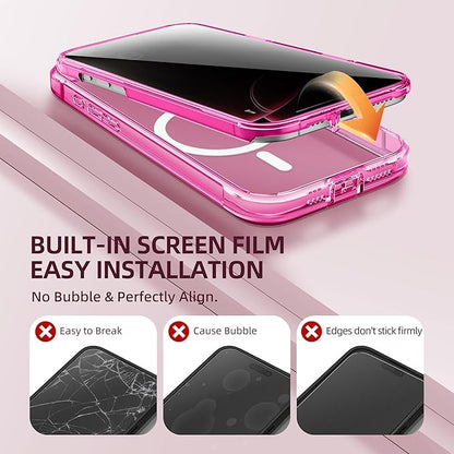 BERFY Magnetic for iPhone 16 Pro Case, Compatible with MagSafe, Built-in Privacy Screen Protector and Upgraded Camera Protection, Anti-Spy Full Body Shockproof Phone Case for 16 Pro 6.3", Bright Pink
