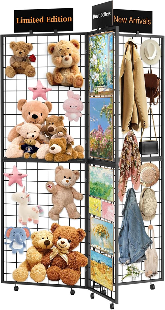 DEMEGA 360° Foldable Grid Wall Panel, Three 6' x 4.25' Ft Double Side Gridwall Display Stand with Notice board, Heavy Duty Sturdy Floorstanding Wire Grid Rack, Movable Wheel for Retail Art Craft Fairs