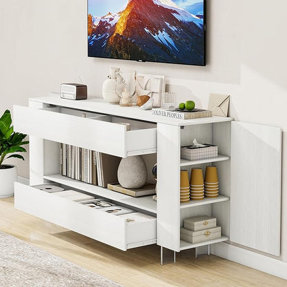Vavkorkula TV Stand for 65 Inch with 2 Large Drawers & Hidden Storage Cabinets, Modern Farmhouse Entertainment Center Television Stands for Living Room Bedroom, White