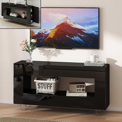 Vavkorkula High Gloss TV Stand for 65 Inch with 2 Large Drawers & Hidden Storage Cabinets, Modern Entertainment Center Television Stands for Living Room Bedroom, Black